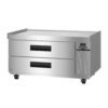 Stainless steel commercial refrigerator with two pull-out drawers, digital temperature display, and caster wheels for mobility.