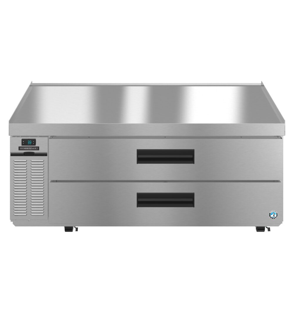 Stainless steel commercial refrigerator with two drawers, digital display, and side ventilation; designed for kitchen or food service use.