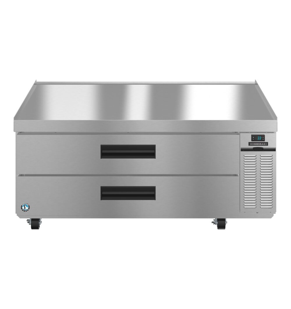 Stainless steel commercial refrigeration unit with two pull-out drawers, digital temperature display, and vented cooling section on the right.