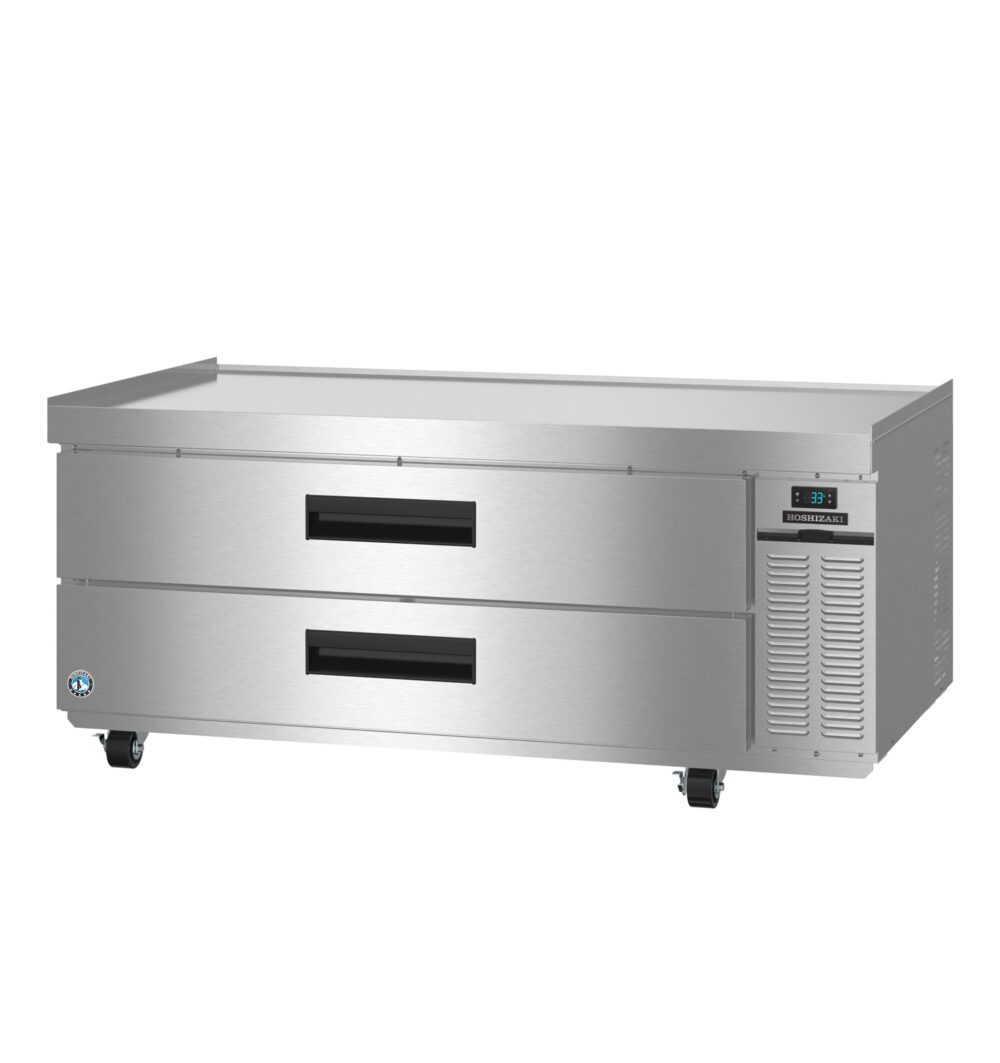 Stainless steel commercial refrigerator with two pull-out drawers, digital temperature display, and ventilation panel, mounted on four wheels.
