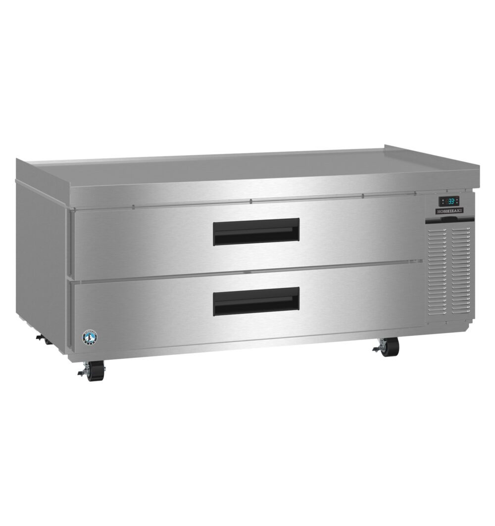 A stainless steel commercial refrigerator with two pull-out drawers, digital temperature display, and caster wheels.