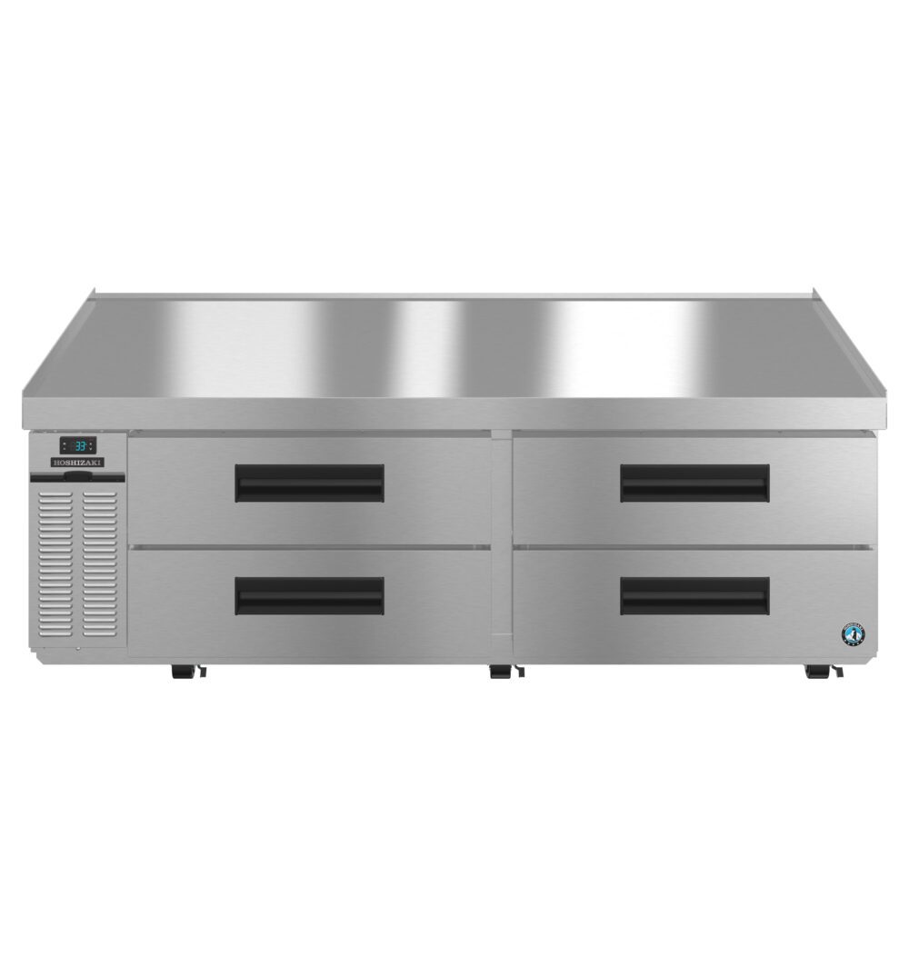 Stainless steel commercial refrigerator with four pull-out drawers and a digital control panel on the left side.