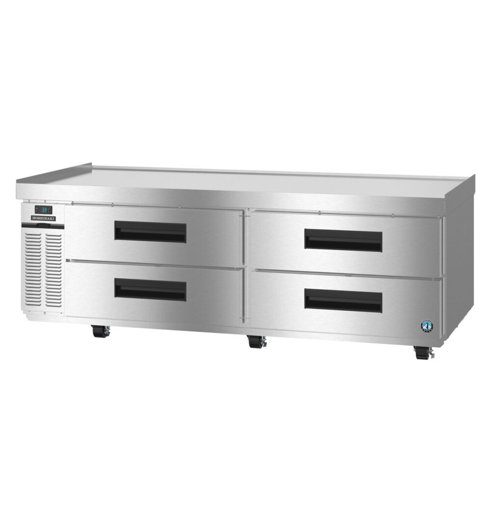Stainless steel commercial refrigerator with four pull-out drawers, digital temperature display, and caster wheels.