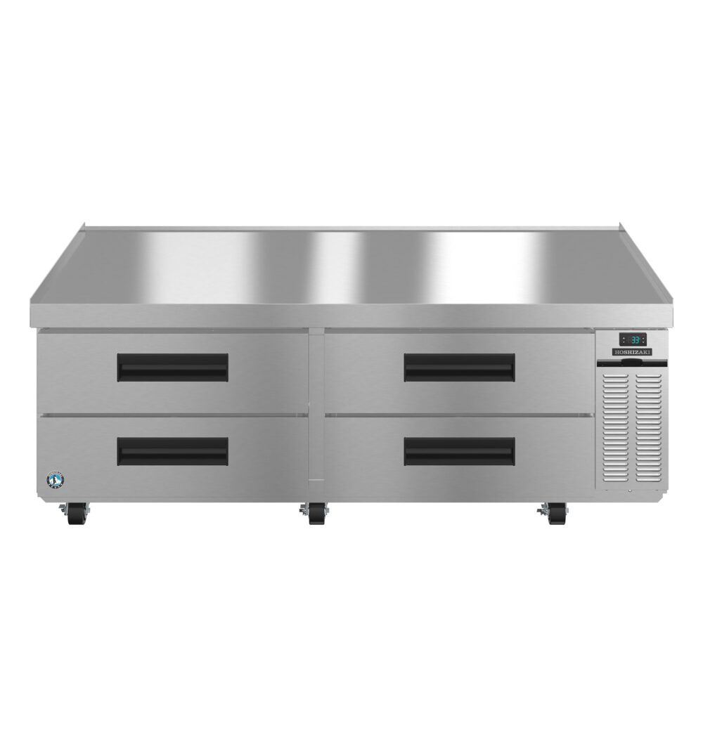 Stainless steel commercial refrigerator with four pull-out drawers and a digital temperature display on the right side.