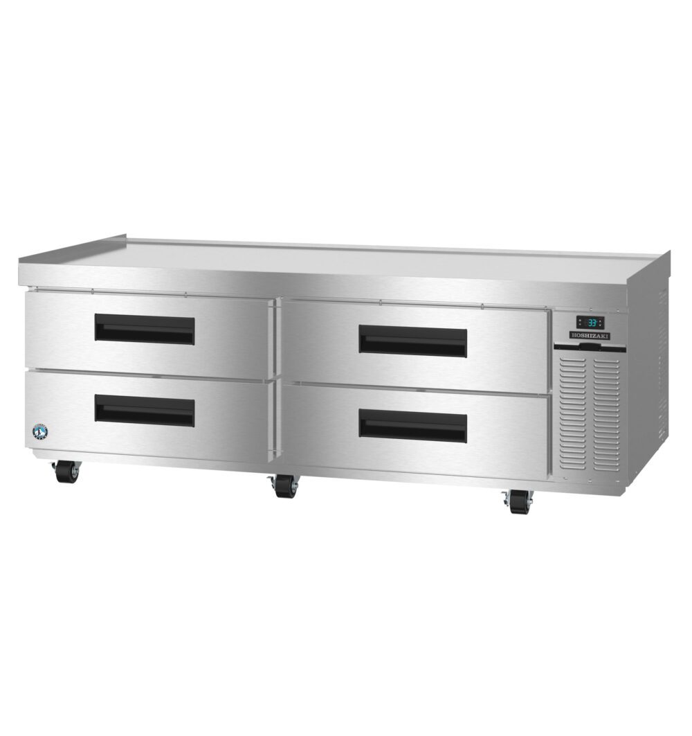 Stainless steel commercial refrigerator with four pull-out drawers on wheels and a digital temperature display.