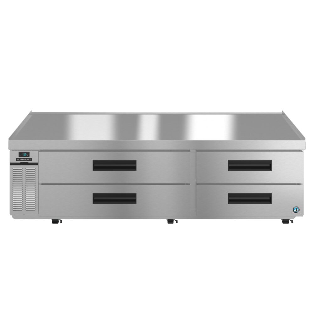 Commercial stainless steel refrigerator with four horizontal drawers and a temperature control panel on the left side.