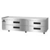 Stainless steel commercial refrigerator with four pull-out drawers and digital display, set on wheels.