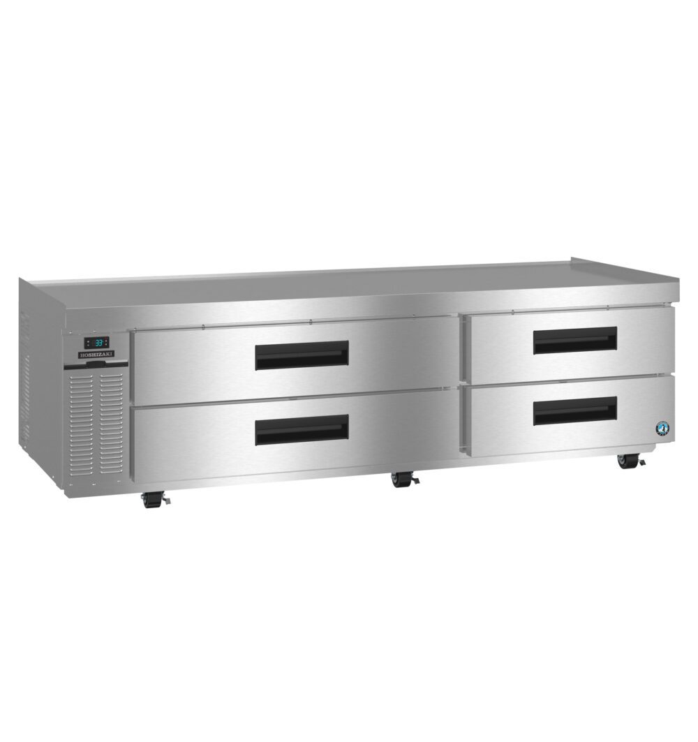 Stainless steel commercial refrigerator with four pull-out drawers, digital display, and caster wheels, designed for use in a commercial kitchen.