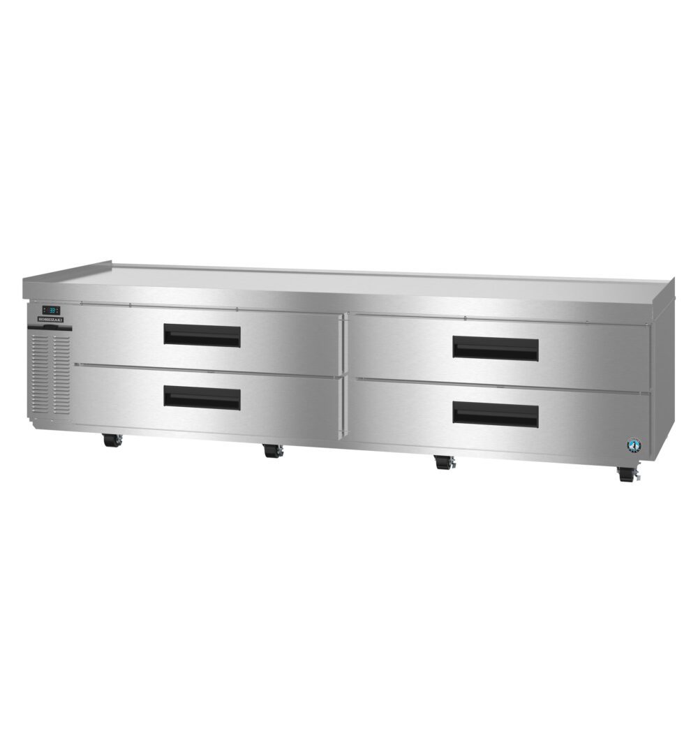 Commercial stainless steel refrigerated chef base with four pull-out drawers and a vented cooling unit on the left side, set on wheels.