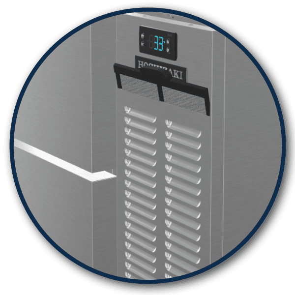 Close-up of a stainless steel refrigerator unit with a digital temperature display reading 3°C and two air vents below the display.