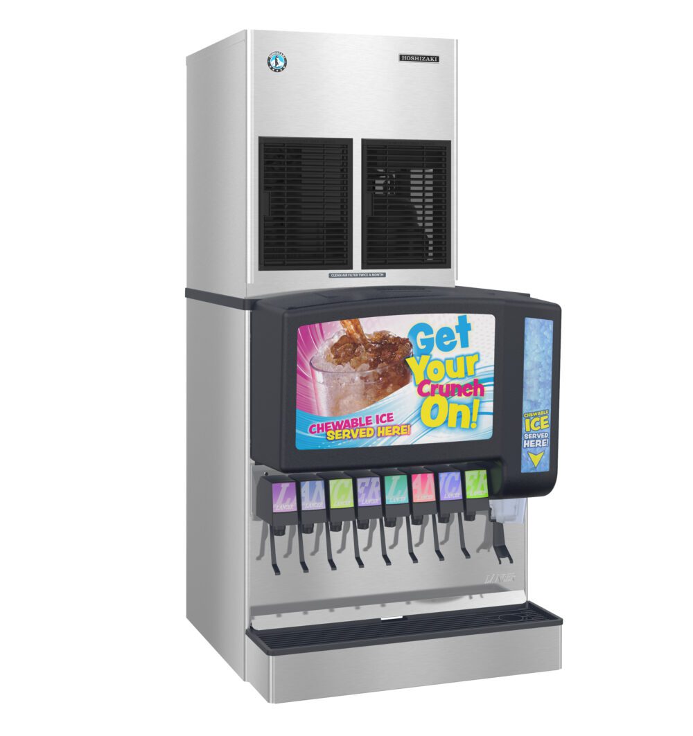 A commercial soda fountain machine with multiple drink dispensers and a sign advertising chewable ice.