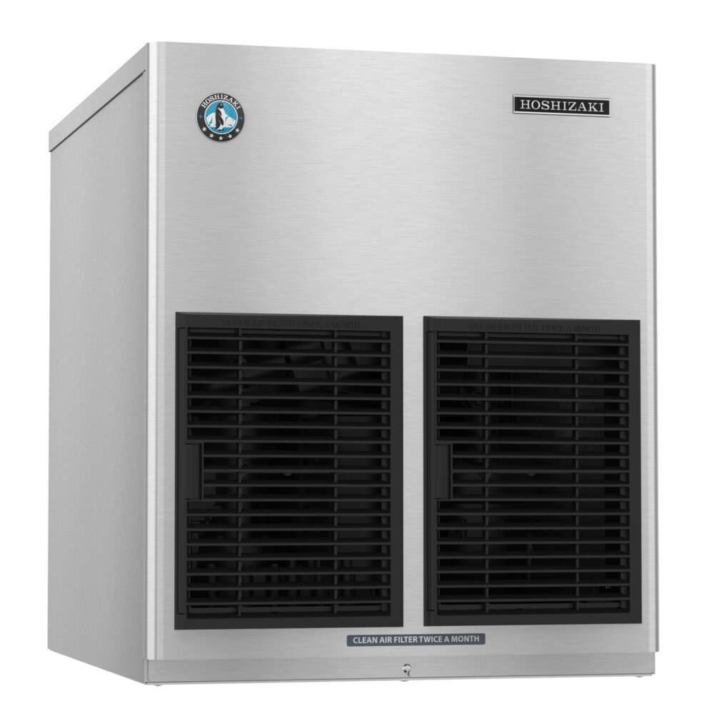 Stainless steel Hoshizaki commercial ice maker with two black air vents on the front and a maintenance reminder label below the vents.