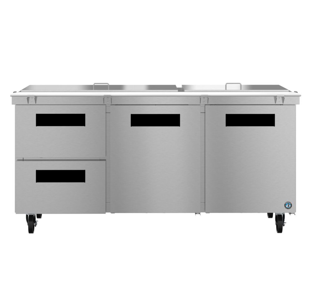 Stainless steel commercial refrigerator with three compartments, two top lids, and four wheels, designed for food storage and preparation.