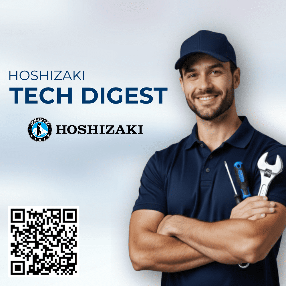 A smiling technician in a blue uniform and cap stands with arms crossed, holding a wrench and screwdriver. Text reads "Hoshizaki Tech Digest" with a QR code and Hoshizaki logo.