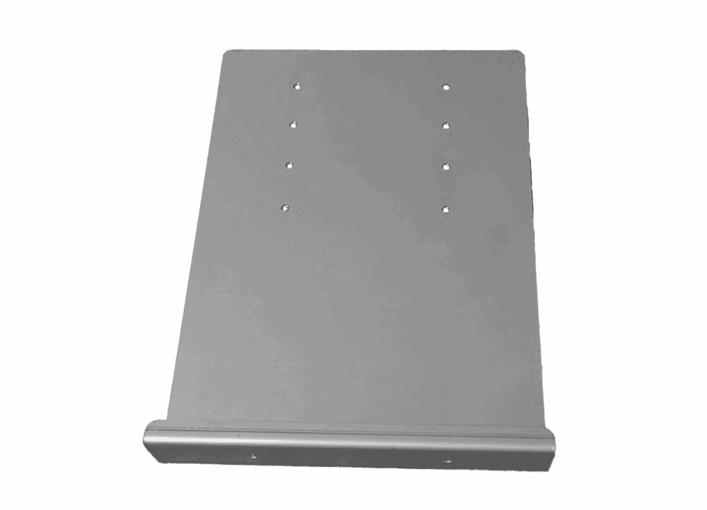 A flat, rectangular metal plate with rounded lower edge and several evenly spaced holes on the surface, set against a plain white background.