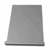 A flat, rectangular metal plate with rounded lower edge and several evenly spaced holes on the surface, set against a plain white background.