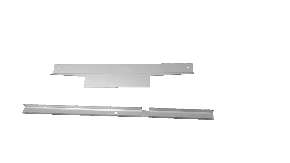 Two flat metallic components with holes, one rectangular with an extended section, the other an angled piece split in the middle, on a plain white background.