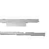 Two flat metallic components with holes, one rectangular with an extended section, the other an angled piece split in the middle, on a plain white background.