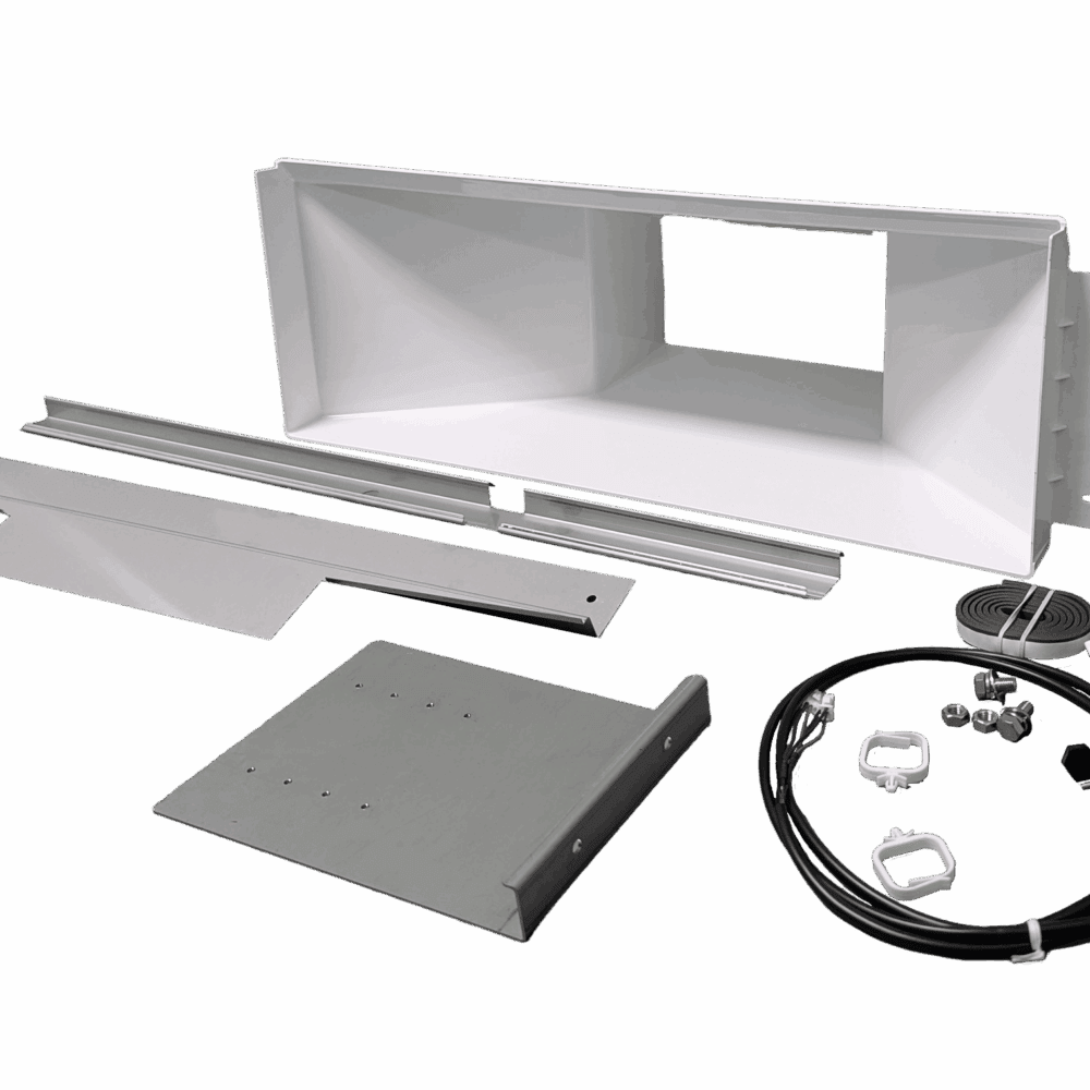A collection of metal and plastic HVAC components, including a rectangular duct, mounting plate, cables, connectors, and hardware, arranged on a white background.