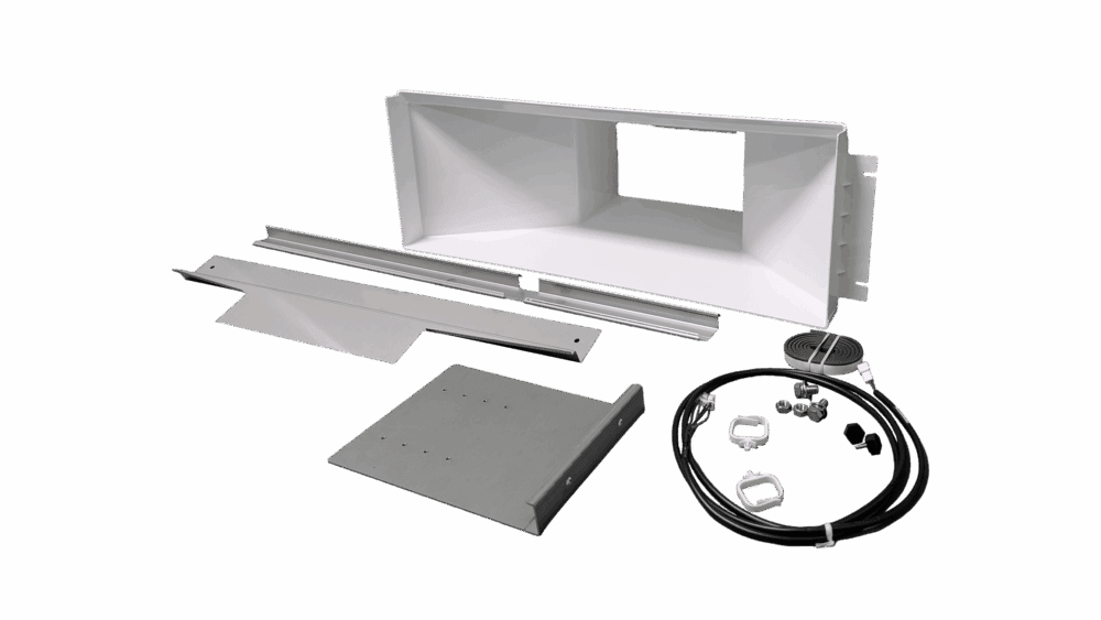 A collection of metal and plastic HVAC components, including a rectangular duct, mounting plate, cables, connectors, and hardware, arranged on a white background.