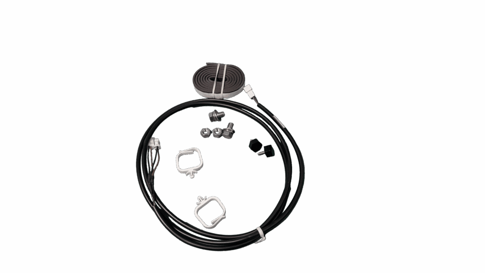 A coiled cable, two clamps, screws, nuts, and a rubber strip laid out on a white background.