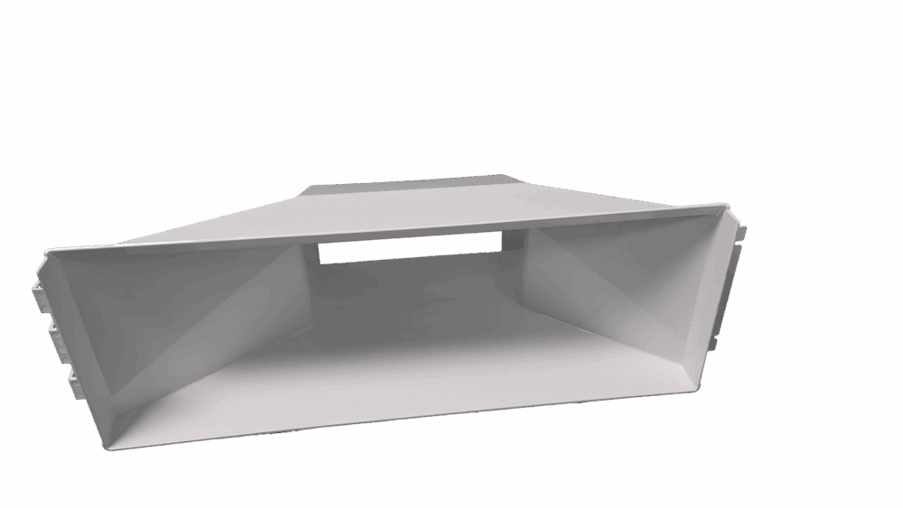 Rectangular white metal duct transition with a wide opening, gradually narrowing towards a smaller rectangular end, photographed against a plain white background.