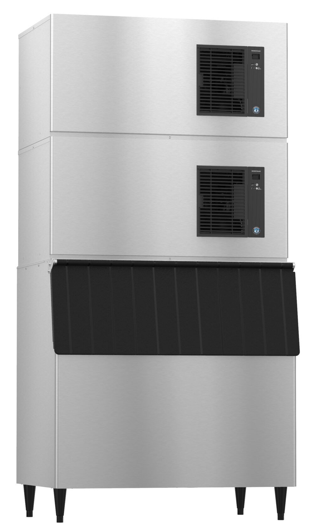 Commercial ice maker with two stacked stainless steel units and a black front bin, designed for high-volume ice production.