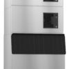 Commercial ice maker with two stacked stainless steel units and a black front bin, designed for high-volume ice production.