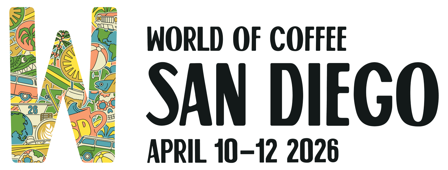 World of Coffee San Diego logo with event dates April 10–12, 2026; the letter "N" is decorated with colorful illustrations.