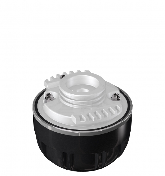 A close-up of a black and white mechanical or electronic component with a round base and visible screws on its top section.