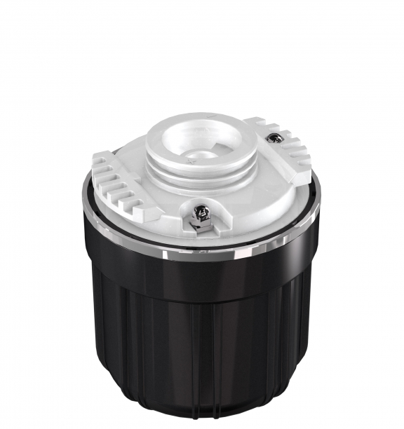 Black and silver cylindrical plastic component with a threaded white top, two visible screws, and vertical grooves around the lower section.