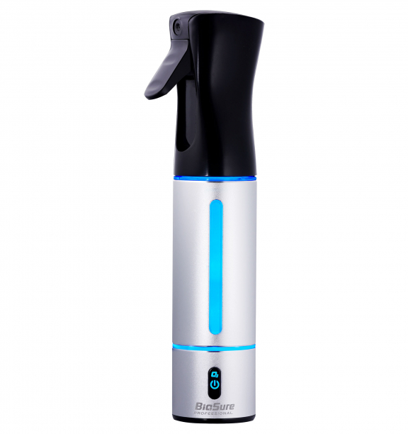 A silver and black spray bottle with a blue vertical strip, a trigger handle, and control buttons at the base labeled "BioSure Professional.