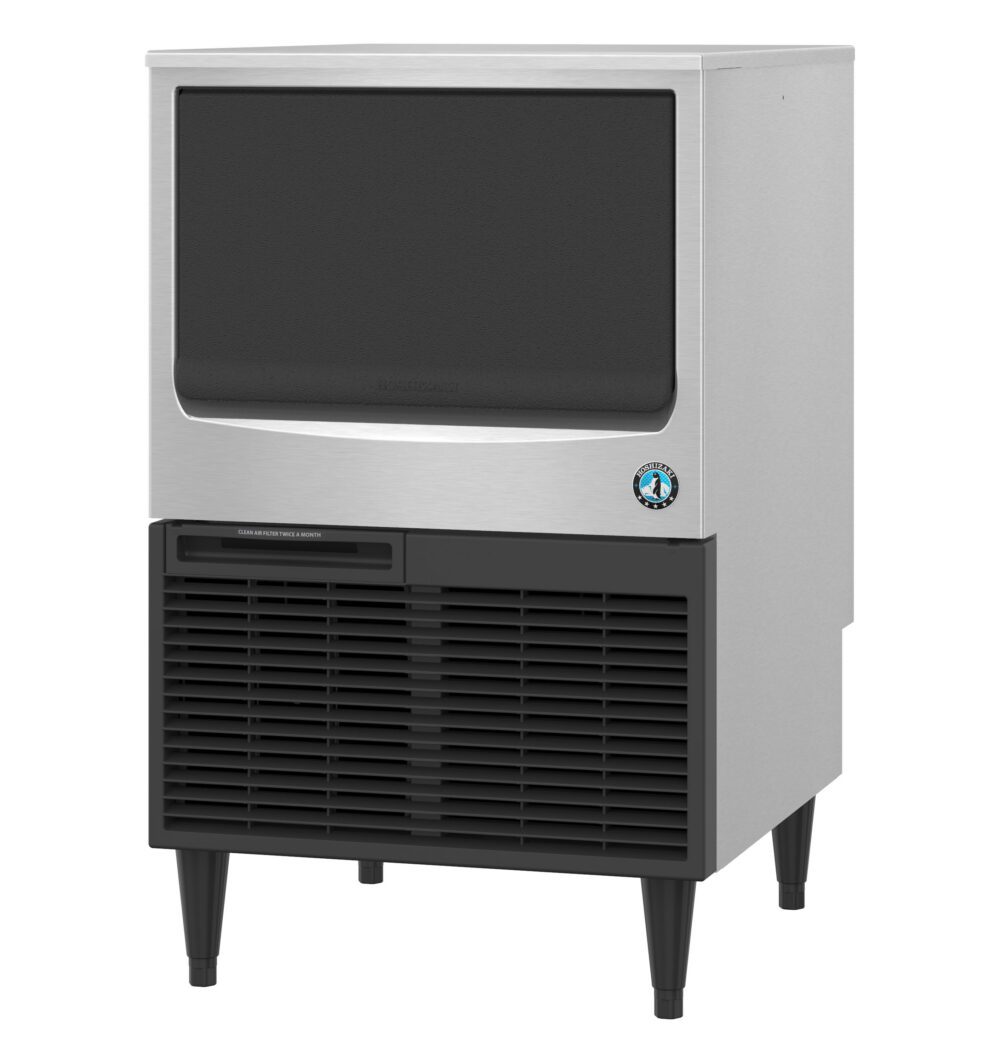 Commercial stainless steel ice maker with a front ventilation grille, black door, and four legs, designed for under-counter installation.