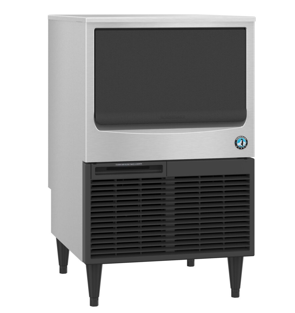 A commercial stainless steel ice maker machine with a black front panel and ventilation grill, standing on four legs.