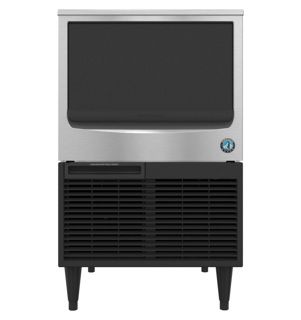 A freestanding commercial ice maker with a stainless steel front panel, black lower ventilation grille, and four short legs.