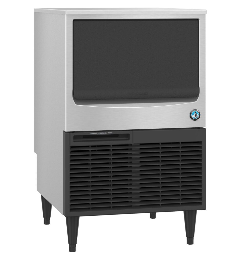 Commercial ice maker machine with a stainless steel finish, black door, ventilation grilles at the bottom, and standing on four legs.