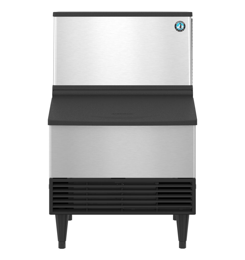 Commercial stainless steel ice maker with a black base and legs, viewed from the front against a white background.