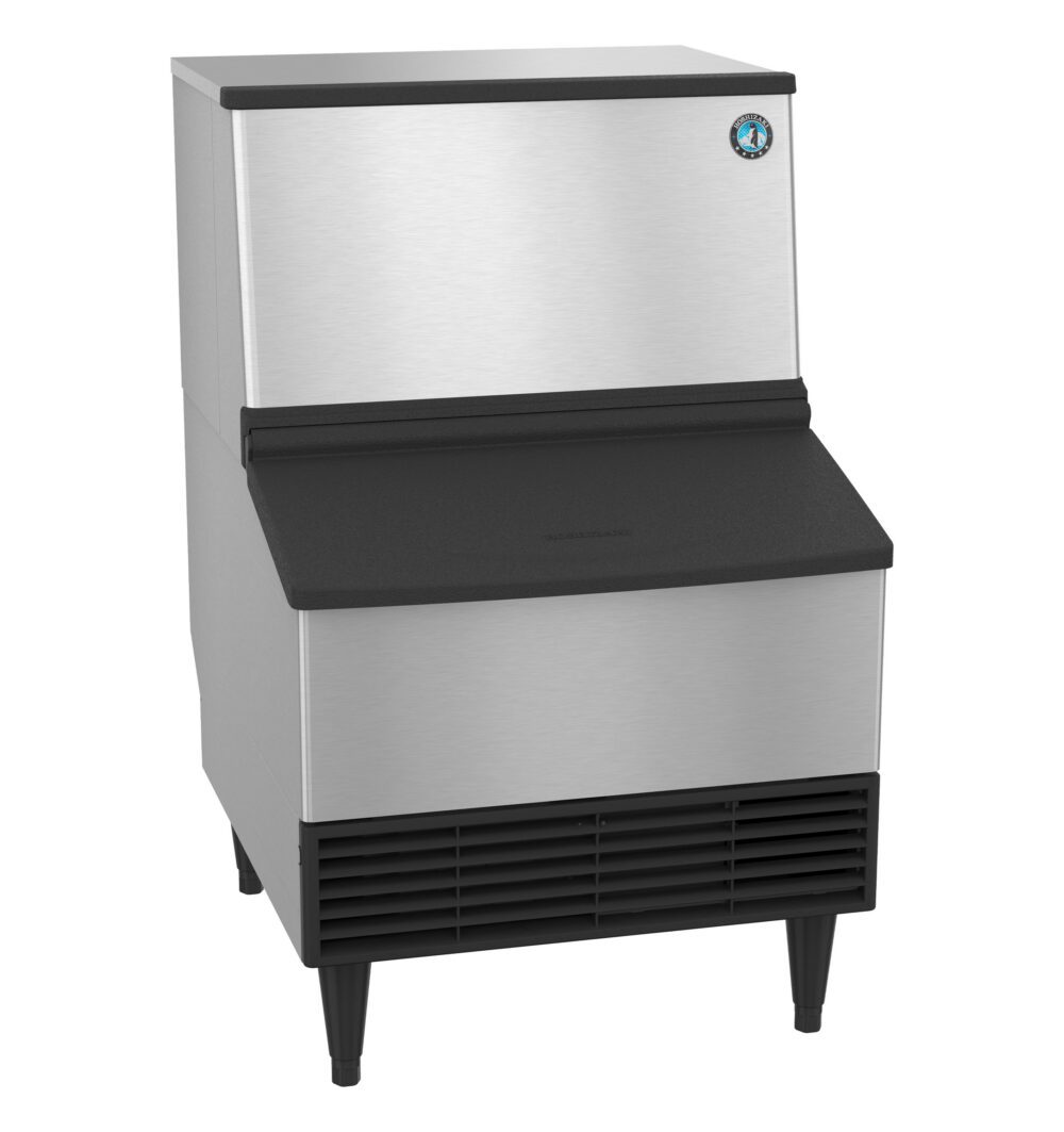 A commercial stainless steel ice maker with a black front panel, vented base, and four legs, designed for high-volume ice production.