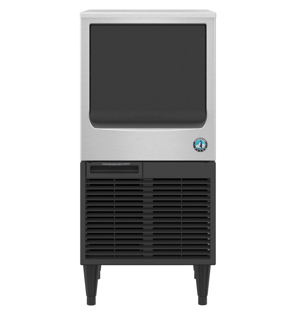 Front view of a commercial ice maker with a stainless steel body, black vented lower section, and a large black door panel.