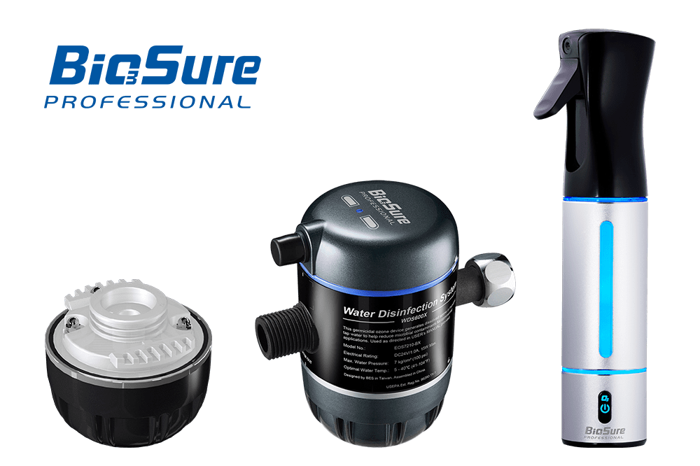 Three BioSure Professional water disinfection devices are shown on a white background, featuring different designs for various disinfection applications.