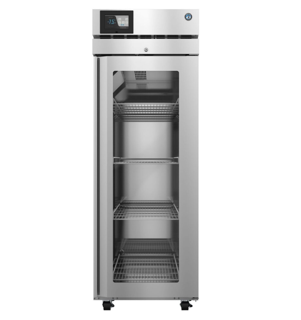 A stainless steel commercial refrigerator with a glass door, digital temperature display, and three wire shelves, standing on caster wheels.