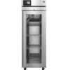 A stainless steel commercial refrigerator with a glass door, digital temperature display, and three wire shelves, standing on caster wheels.
