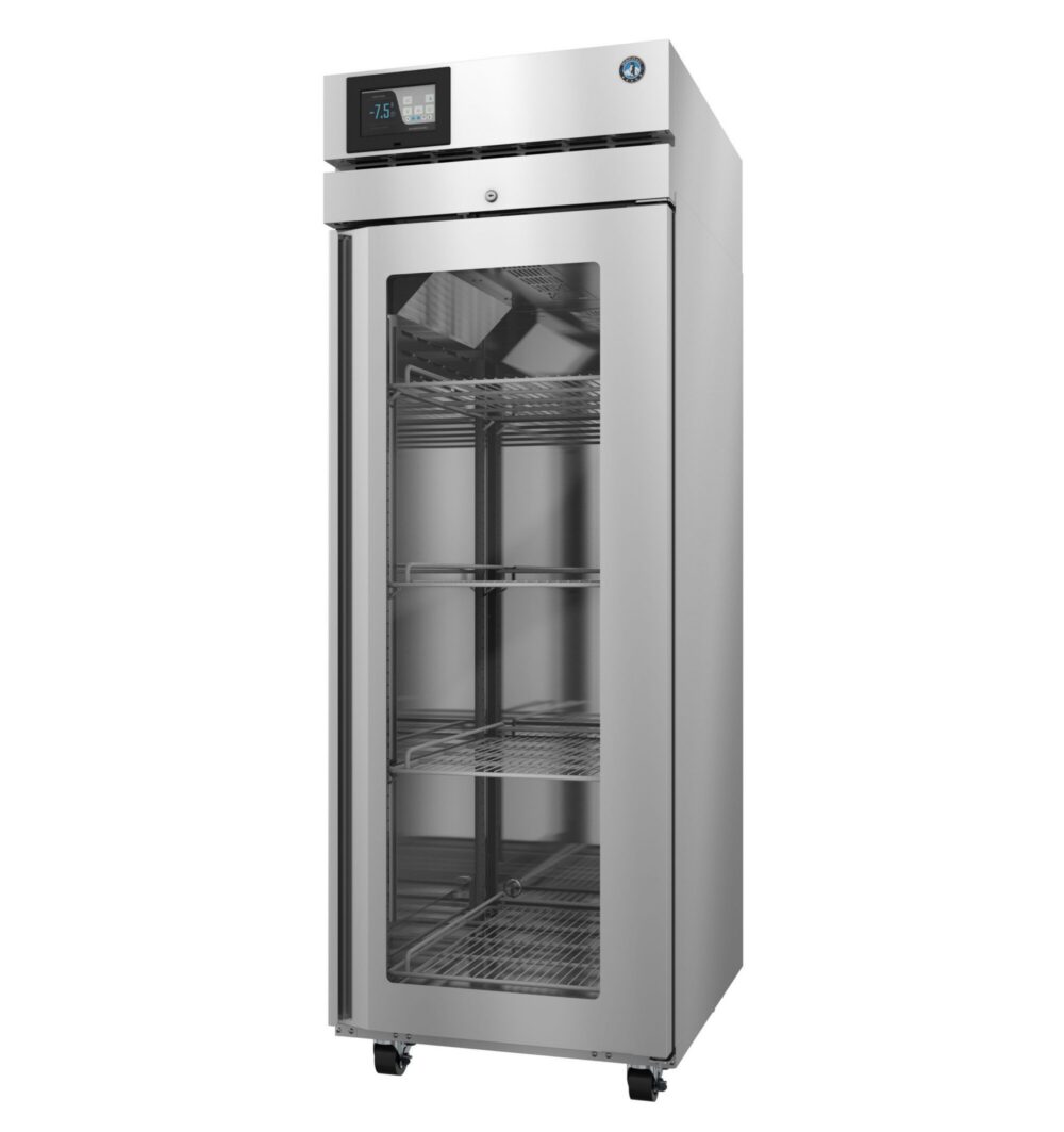 A commercial stainless steel refrigerator with a glass door, wire shelves, a digital control panel, and wheels at the base.