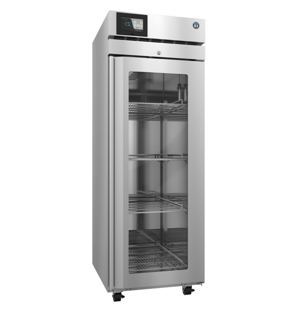 A stainless steel commercial refrigerator with a glass door, adjustable shelves, a digital temperature display, and caster wheels.