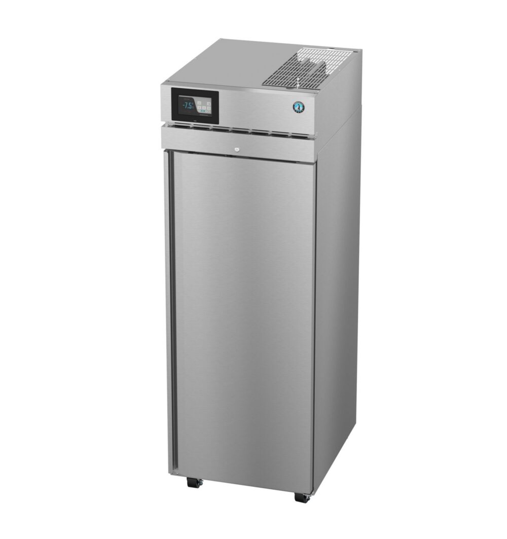 A commercial stainless steel refrigerator with a digital temperature display on the top front panel, standing on small wheels.