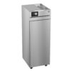 A stainless steel commercial upright freezer with a digital temperature display on the top front panel and a single solid door.