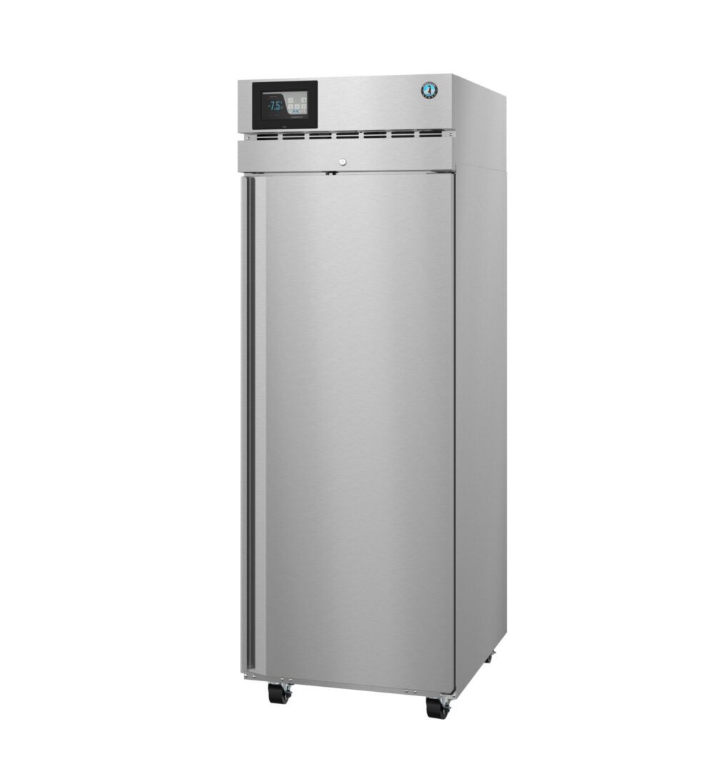 A single-door, stainless steel commercial refrigerator with a digital temperature display on top, standing on wheels.