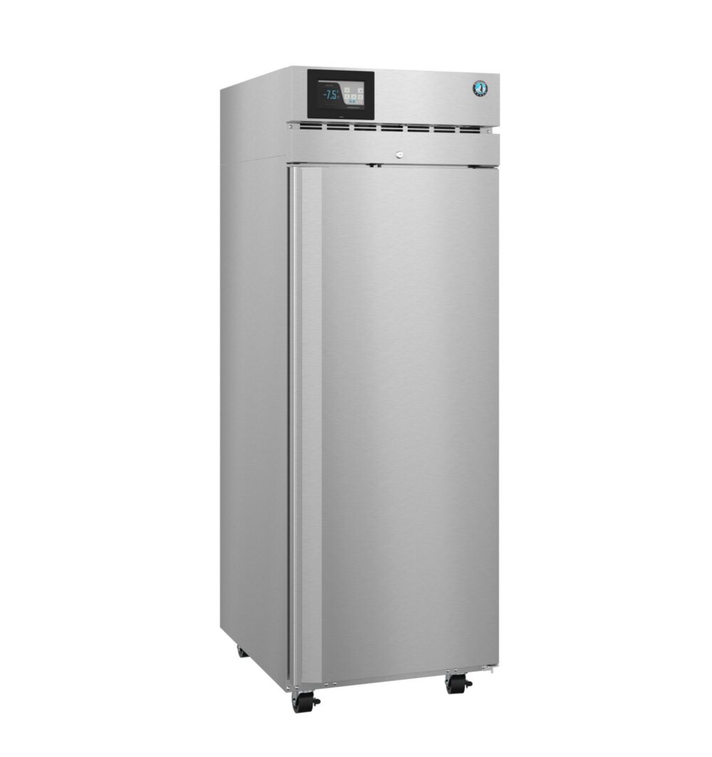 A stainless steel commercial refrigerator with a digital display on top, single solid door, and wheels for mobility.