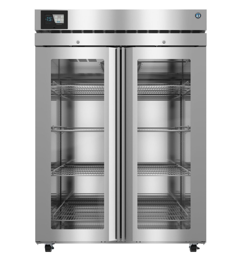 Stainless steel commercial refrigerator with double glass doors, digital display, and multiple wire shelves, shown front-facing.
