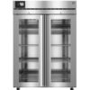 Stainless steel commercial refrigerator with double glass doors, digital display, and multiple wire shelves, shown front-facing.